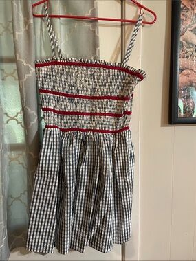 Pink Lily Blue & White Gingham Smocked Romper with Red Trim never worn